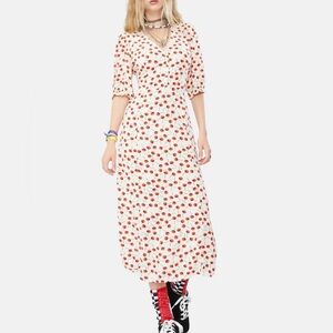 Obey Corey Cherry Novelty Midi Retro Style Off-White Red Dress Size Small